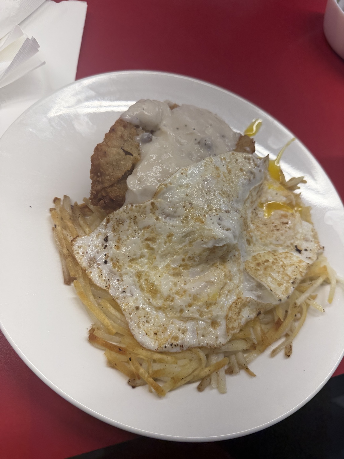 Breakfast plate with eggs and sausage gravy