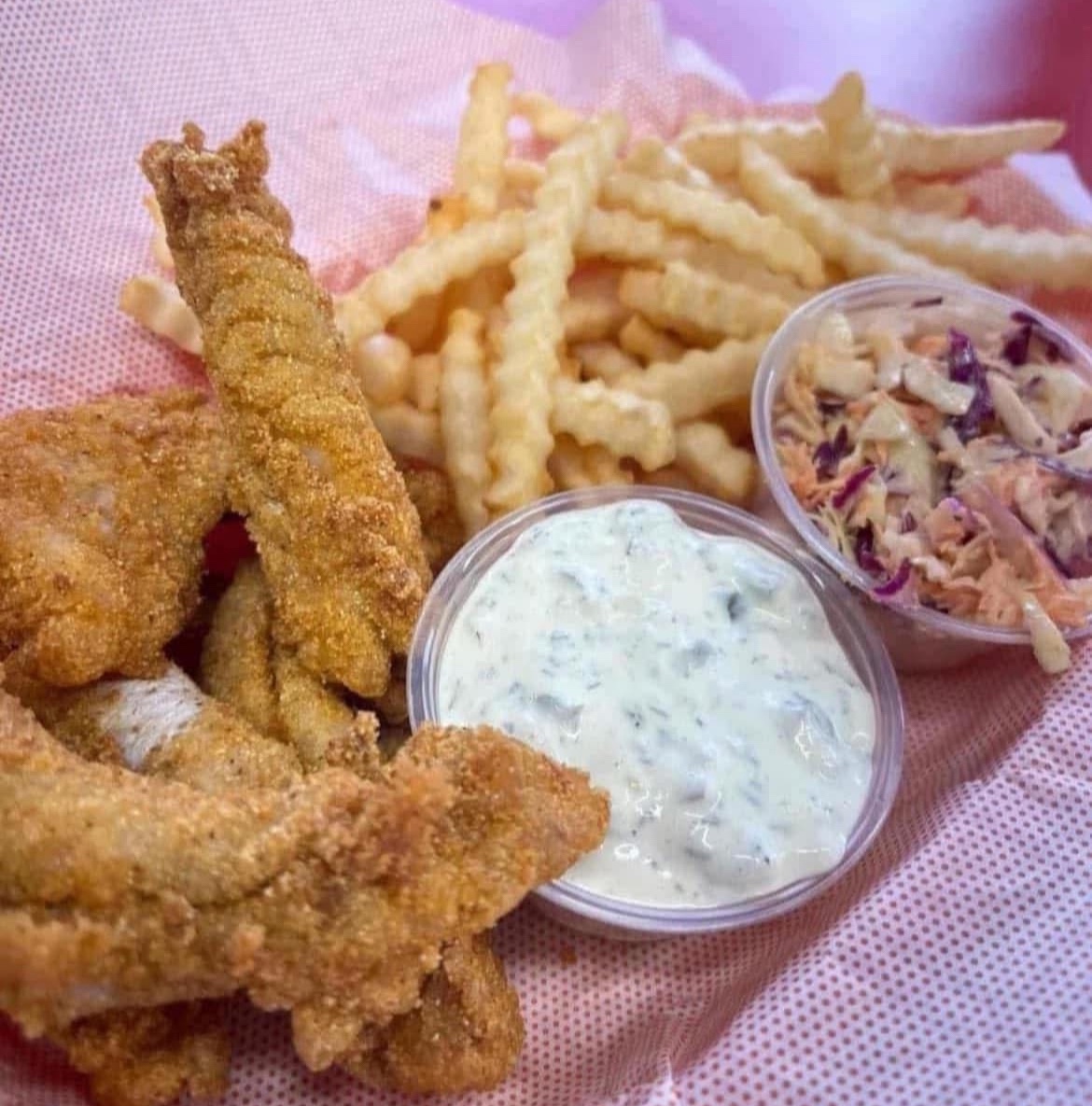 Fried fish basket with fries and slaw