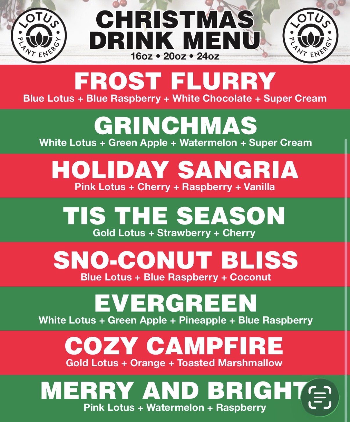 The 372 Christmas Lotus menu featuring Frost Flurry, Grinchmas, Holiday Sangria, Tis the Season, Sno-Conut Bliss, Evergreen, Cozy Campfire, and Merry and Bright.