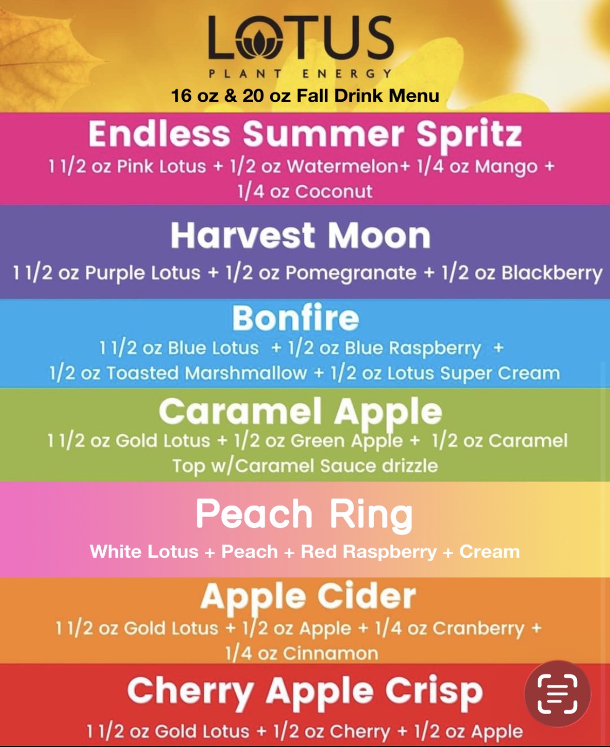 The 372 Fall Lotus menu featuring Endless Summer Spritz, Harvest Moon, Bonfire, Caramel Apple, Peach Ring, Apple Cider, and Cherry Apple Crisp.
