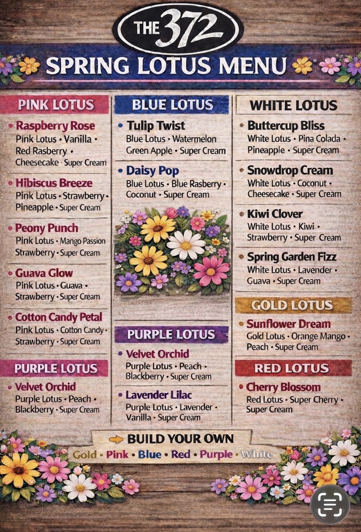 The 372 Spring Lotus menu with Pink, Blue, Purple, White, Gold, and Red Lotus recipes.