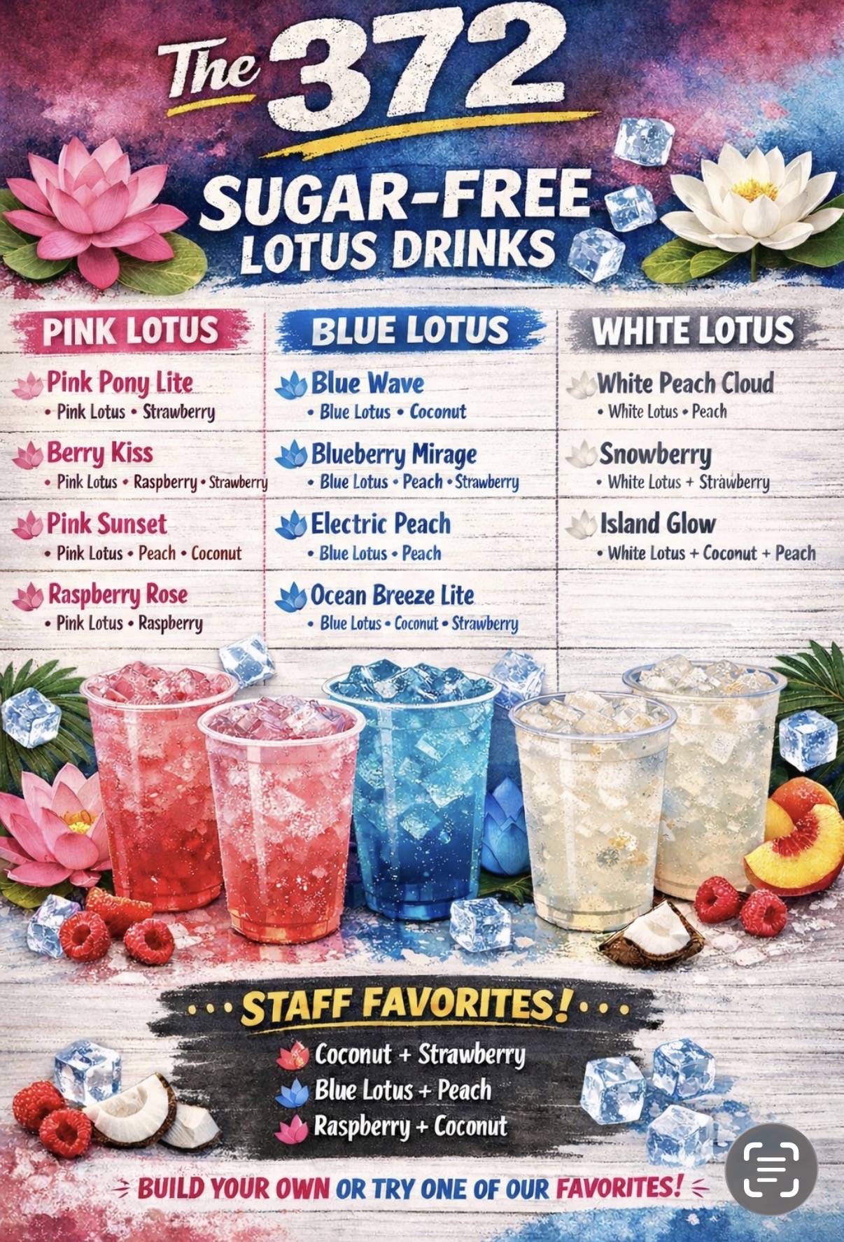 The 372 sugar-free Lotus menu with Pink, Blue, and White Lotus recipes plus staff favorites.