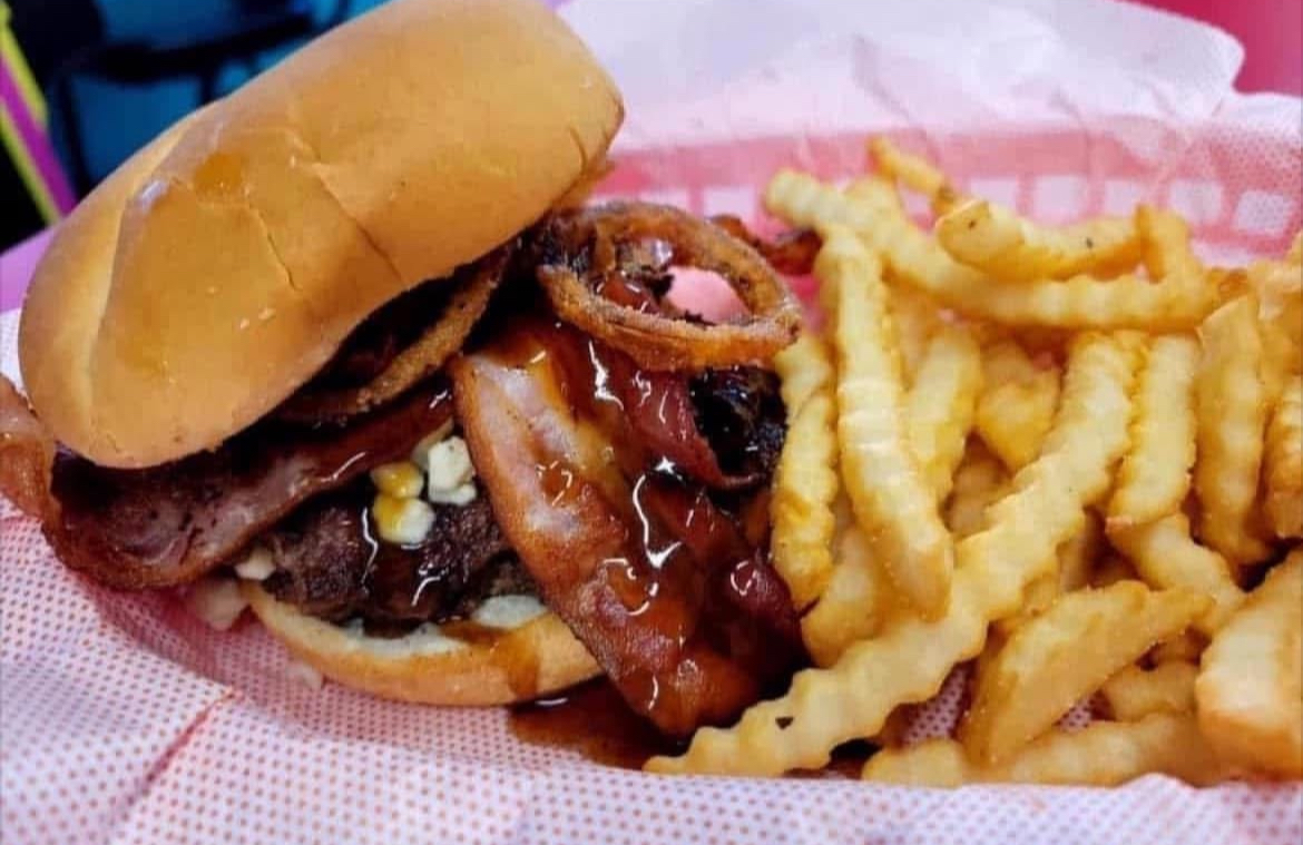 The 372's smash burger special with bacon and onion rings